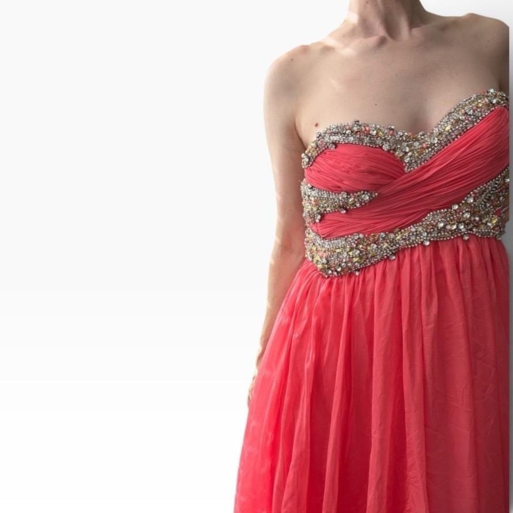 Sherri Hill vintage Coral Pink Beaded Strapless Formal Evening Gown Dress